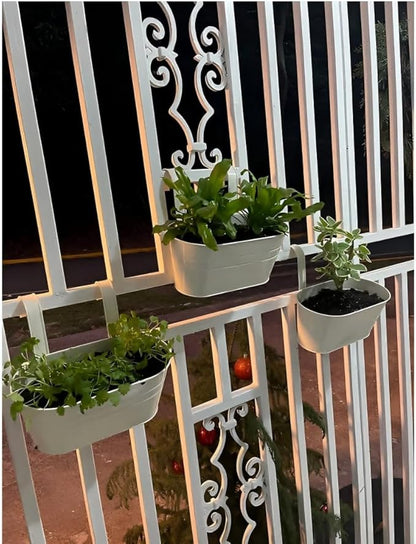 3 Pack Metal Iron Plant Pot Holders Balcony Garden Plant Planter Baskets Fence Bucket Pot Bucket Flower Holders Wall Hanging Decor Pot with Detachable Hooks