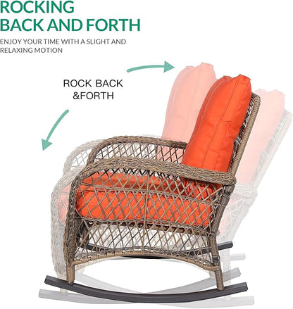 VIVIJASON 3-Piece Outdoor Conversation Bistro Set, Patio Wicker Rocking Chairs Rattan Furniture Sets w/ 2 Rattan Cushioned Chairs and Glass Top Side Table for Garden Porch Backyard (Orange)