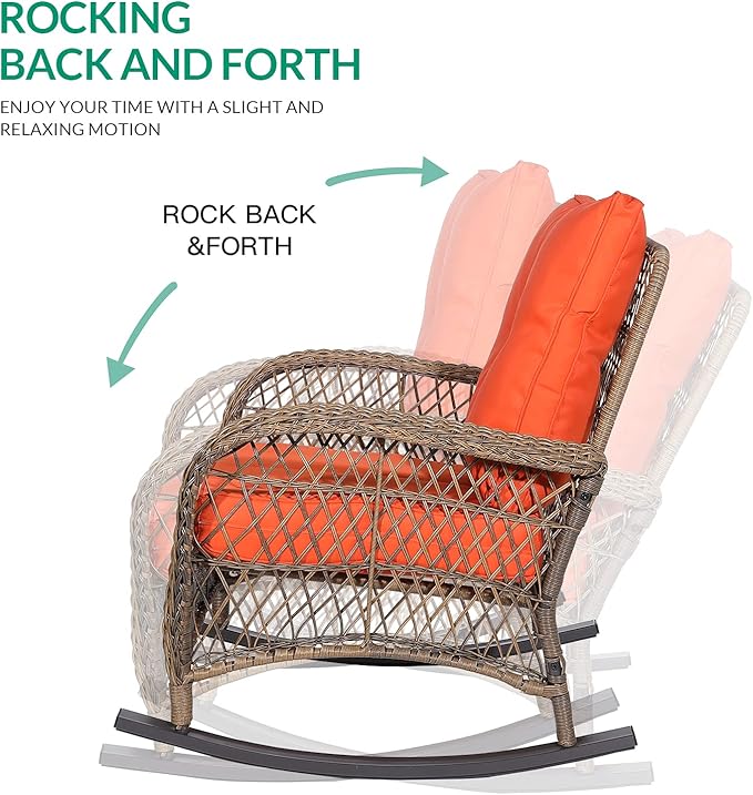 VIVIJASON 2 Piece Patio Wicker Rattan Rocker Chair, Outdoor Rattan Rocker Chair with Cushions & Steel Frame, All-Weather Rocking Lawn Wicker Furniture for Garden Backyard Porch (Orange)