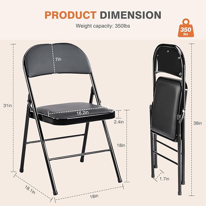 Sweetcrispy Folding Chair 2 Pack, Leather Padded Foldable Chairs, Sturdy Metal Portable Chairs, Easy to Use and Store, Outdoor and Indoor, for Home, Office, Party, Garden, Black