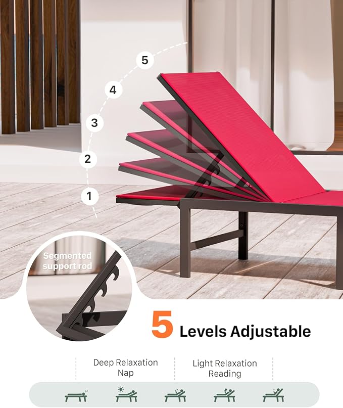 Patio Lounge Chair, Aluminum, 5 Adjustable Backrest, 1 Piece,red | Lightweight rustproof aluminum.5 adjustable backrest positions.Breathable quick-dry fabric.For poolside,beach,lawn,backyard.