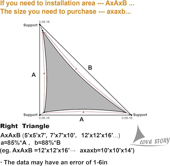 LOVE STORY Custom Size 6'x6'x8.5' Sand Sun Shade Sail Right Triangle Sunshade Fabric Awning Canopy for Patio Backyard Carport Pergola (Customized)