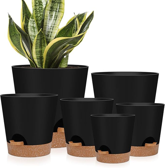 YNNICO Indoor Self Watering Planters with Drainage Holes and Saucers, 8, 7, 6.5, 6, 5.5, 5 Inches, Black, 6 Pots