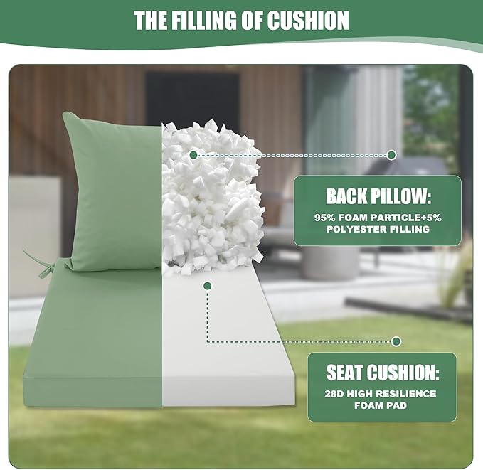 Outdoor Chair Cushions Set of 4, Waterproof Back Pillow and Seat Cushion Set for Patio Furniture, Outdoor Sofa Replacement Cushions with Removable Cover, 24 x 24 Inch, Sage Green