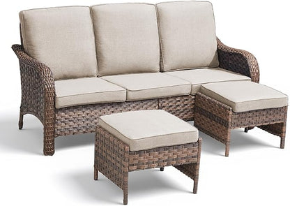 All Weather Wicker Patio Couch Set, Modern 3-Seater PE Wicker Outdoor Sofa Set with 2 Ottomans, All-Weather Thick Cushions & Curved Backrest for Patio, Balcony, Deck – Beige