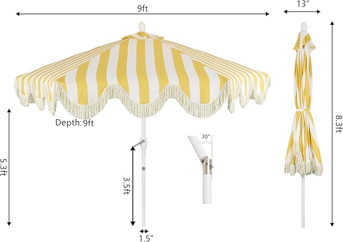 JONATHAN Y UMB1001 Collins 9 ft. Classic Cottage Tassel Market Patio Umbrella with Auto-Tilt, Crank, Wind Vent and UV Protection