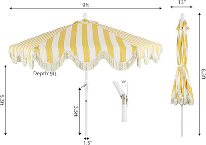 JONATHAN Y UMB1001 Collins 9 ft. Classic Cottage Tassel Market Patio Umbrella with Auto-Tilt, Crank, Wind Vent and UV Protection