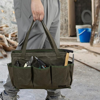 Tool Bag with Metal Frame, Waxed Canvas Wide Open Top Tool Tote Bag with 10 External Pockets, 15.5 x 7.5 x 10.5 Inches (ArmyGreen)