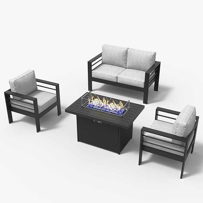 LayinSun Aluminum Furniture Set with Fire Pit Table, 4 Pieces Patio Sectional Conversation Chat Sofa Modern Seating Set