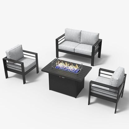 LayinSun Aluminum Furniture Set with Fire Pit Table, 4 Pieces Patio Sectional Conversation Chat Sofa Modern Seating Set