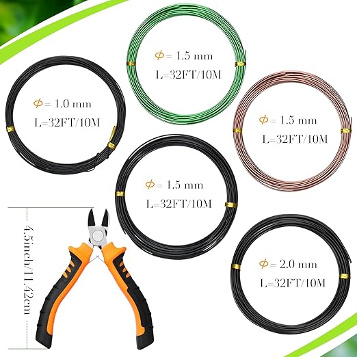 Mudder 5 Roll Aluminum Bonsai Training Wire Tree 1/1.5/2.0mm 160 Feet Total with Bonsai Wire Cutter Anodized Training for Holding Branches Small Trunks(Classic)