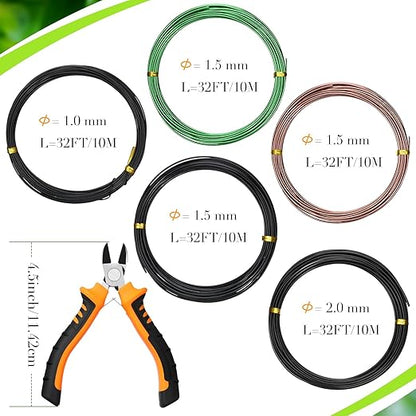 Mudder 5 Roll Aluminum Bonsai Training Wire Tree 1/1.5/2.0mm 160 Feet Total with Bonsai Wire Cutter Anodized Training for Holding Branches Small Trunks(Classic)