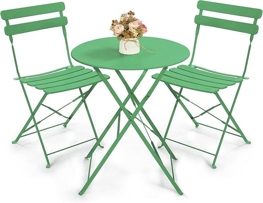 Kromax Outdoor 3 Piece Patio Bistro Set, Folding Bistro Table and Chairs Set of 2, Space Saving, Foldable Coffee Tables for Balcony or Garden, Green