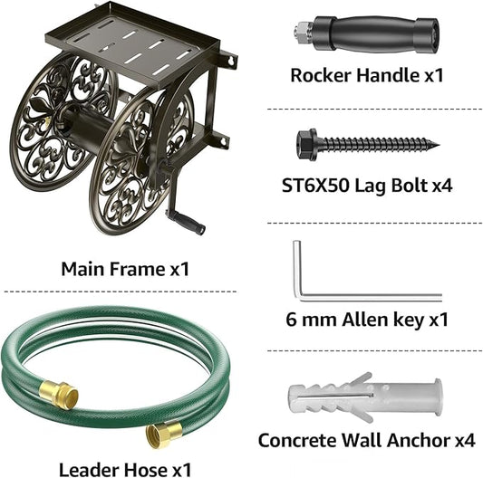 GOFORWILD Garden Wall Mount Hose Reel, Decorative Hose Reel, Garden Heavy-Duty Water Hose Holder Winder, Holds 200-Feet of 5/8-Inch Hose