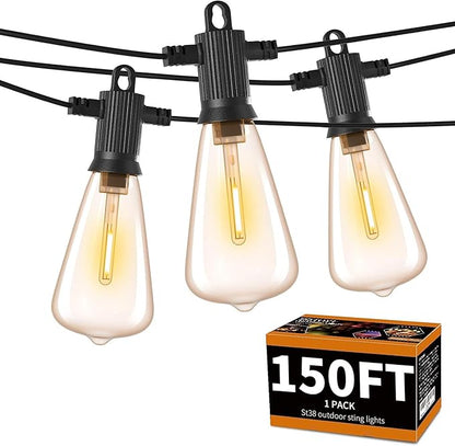 ZOTOYI Outdoor String Lights 150 FT, Waterproof IP65 Outdoor Lights for Patio with 76 Edison ST38 LED Bulbs(3 Spare), Plastic LED String Lights for Outside, Bistro, Cafe, Backyard, Garden 2700K