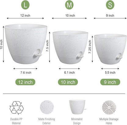 UOUZ Large Self Watering Pots, 12/10/9 Plastic Planters with High Drainage Holes and Deep Reservoir for Indoor Outdoor Garden Plants and Flowers, White Speckles