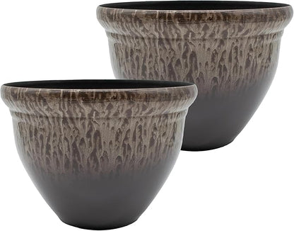 The HC Companies 16 Inch Pizzazz Round Planter Pots with Ceramic Look, Lightweight UV-Resistant Plastic Indoor & Outdoor Planters, 2-Pack Flower Pots for Garden & Home Decor, Foggy Gray
