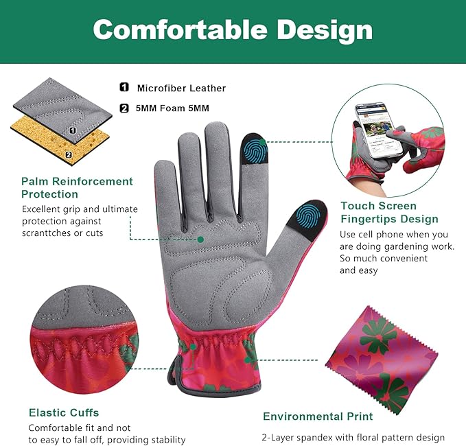 Gardening Gloves for Women, Flexible Breathable Garden Gloves, Leather Working Gloves for Weeding, Digging and Pruning (S-Daisy)