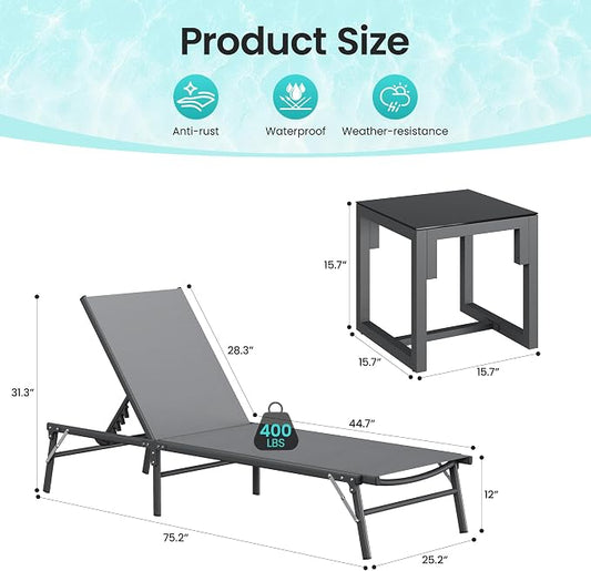 Amopatio Outdoor Lounge Chairs Poolside Chaise Lounge for Patio Set of 2 | with Side Table Foldable Stackble Fully Assembled Weather Resistant 5-Position Adjustable Backrest 400LBS Capacity