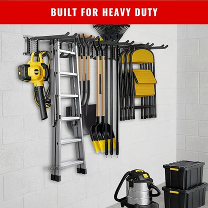 Garage Tool Organizer Wall Mount, Easy to 48inch Install Heavy-Duty Garage Storage System with 6 Adjustable Straight Hooks, Garden Tool Rack for Shovels, Rakes, Yard Tools
