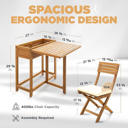 IDZO Natural 3-Piece Bistro Set: Foldable 400lbs Chairs, 220lbs Shelf Table, FSC Acacia Wood, Washable Cushions, Ergonomic Patio Bistro Sets Design