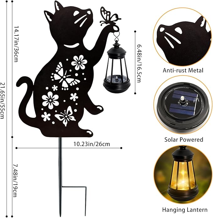 Cat Outdoor Solar Lantern Waterproof, Birthday Gifts for Christmas Women Mom, Solar Hanging Lights with Butterfly, Black Cat Metal Figurine Garden Decor Patio Yard Pathway Backyard Ornaments, 2 Pack