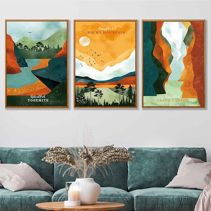 CHDITB Framed National Park Wall Decor, Grand Canyon Rocky Mountain Wall Art Set,Yosemite Sunset Forest Lake Canvas Art Prints, Nature Landscape Wall Painting for Living Room Bedroom Office 24"x36"
