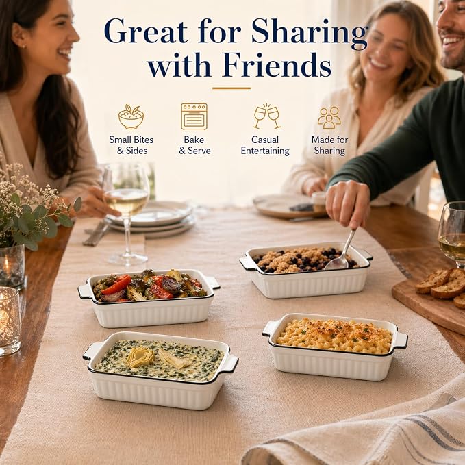 12 Oz Casserole Dish, Ceramic Baking Dishes Sets of 4, Small Casserole Dish with Handle, Porcelain Bakeware Sets, 5" Rectangular Baking Serving Dish for Casserole, Cakes, Dishwasher Oven Safe