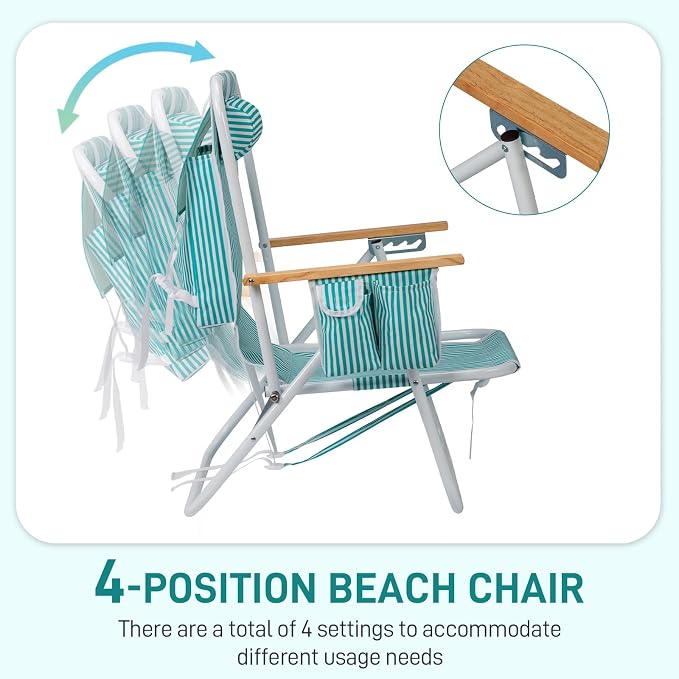 Outvita Folding Beach Chair, 4 Position Adjustable Reclining Lounge Chair with Padded Headrest, Large Rear & Side Storage Pockets, Lightweight Portable Outdoor Chair for Beach Pool Garden BBQ