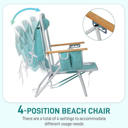 Outvita Folding Beach Chair, 4 Position Adjustable Reclining Lounge Chair with Padded Headrest, Large Rear & Side Storage Pockets, Lightweight Portable Outdoor Chair for Beach Pool Garden BBQ