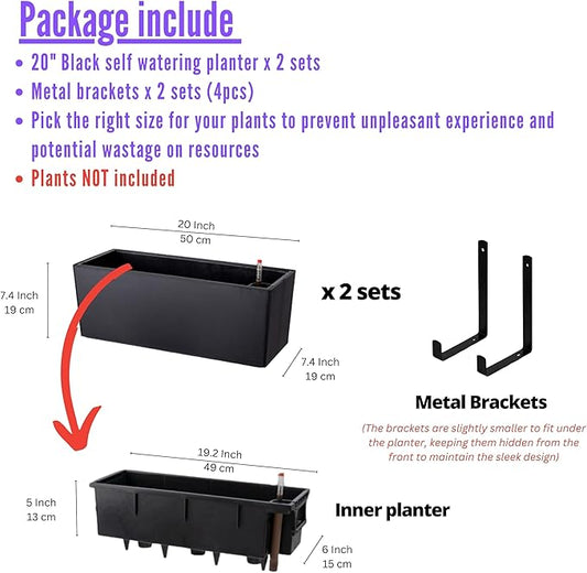 LaLaGreen Wall Planters for Indoor (2 Pack, 20 Inch) Black Self Watering Rectangular Window Planter Box Outdoor with Bracket Wall Mount Vertical Garden Balcony Herb Plant Holder Stylish Flower Pot