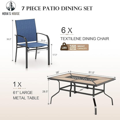 HERA'S HOUSE Patio Table and Chairs Set, 61" Rectangular Table with Umbrella Hole, 7 Pieces Outdoor Dining Furniture Sets with 6 Patio Chairs for Backyard Lawn Garden Porch(Blue)
