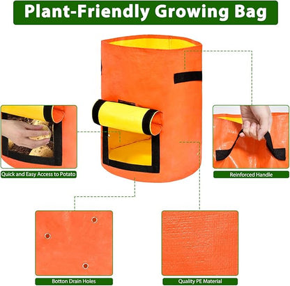 JJGoo Potato Grow Bags, 4 Pack 10 Gallon with Flap and Handles Planter Pots for Onion, Fruits, Tomato, Carrot - Orange