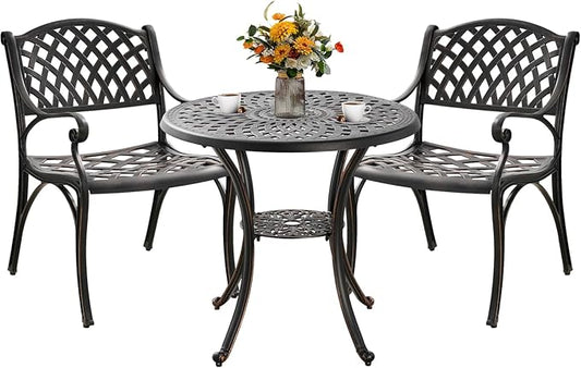 3 Piece Outdoor Dining Set,Cast Aluminum Bistro Set with Umbrella Hole, All Weather Patio Furniture Set, Small Patio Dining Set for Garden/Balcony/Deck, Bronze (Woven Backrest)