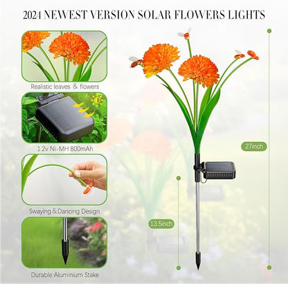 Solar Garden Lights, 2 Pack Solar Swaying Bee Lights with Flowers, Waterproof Firefly Light Outdoor for Garden Patio Yard Pathway Fall Decoration, Gifts for Women Mother's Day