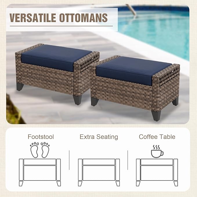 Modern Wicker Patio Furniture Set, Rattan Outdoor Conversation Set with Comfortable Cushions, 2 Swivel Rocking Chairs, 2 Seat Loveseat and 2 Ottomans, 5 Pieces, Brown/Blue