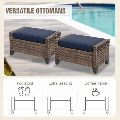 Modern Wicker Patio Furniture Set, Rattan Outdoor Conversation Set with Comfortable Cushions, 2 Swivel Rocking Chairs, 2 Seat Loveseat and 2 Ottomans, 5 Pieces, Brown/Blue