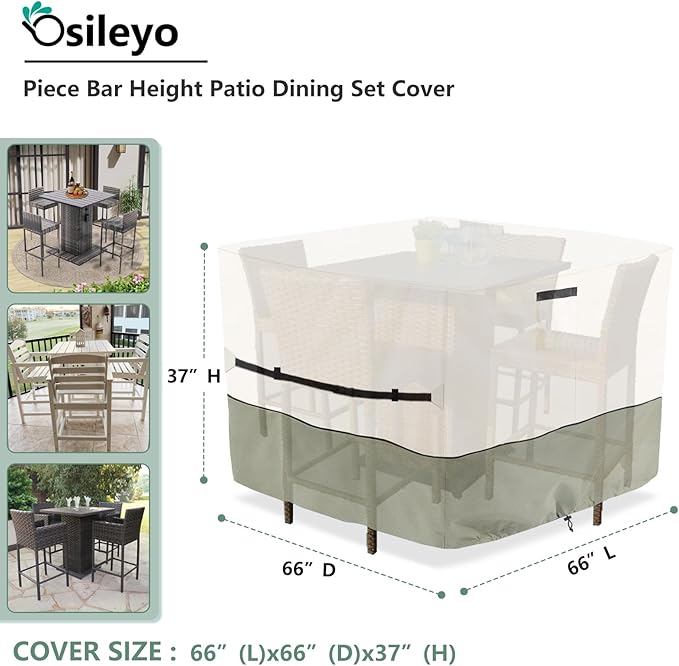Square Patio Furniture Cover for 5-Piece Bar Height Patio Dining Set Covers,100% Waterproof Outdoor 66 Inch Square High Wicker Bar Table and Chairs Cover, Beige