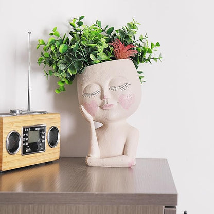 Large Face Flower Pot Head Planter for Indoor and Outdoor Cute Plant Pots with Drainage Hole Resin Cactus Plant Holder Succulent Pots for DIY