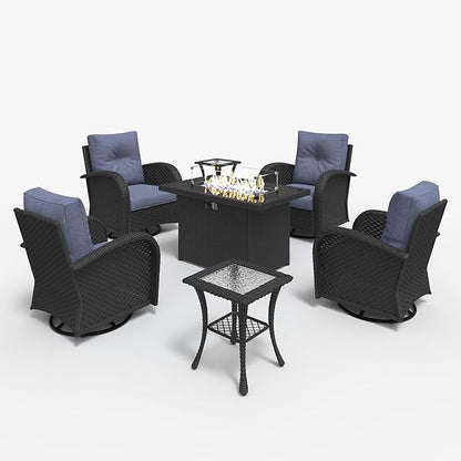 LayinSun 7 Pieces Outdoor Patio Furniture Set with Fire Pit Table, Rattan Wicker Sectional Swivel Rocker Chairs Sets