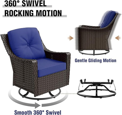 COOS BAY Stone Harbor Patio Bistro Set, 3 Piece Rattan Patio Table and Chairs Set, Wicker Swivel Rockers with Side Table, Small Balcony Furniture Set, Brown/Blue