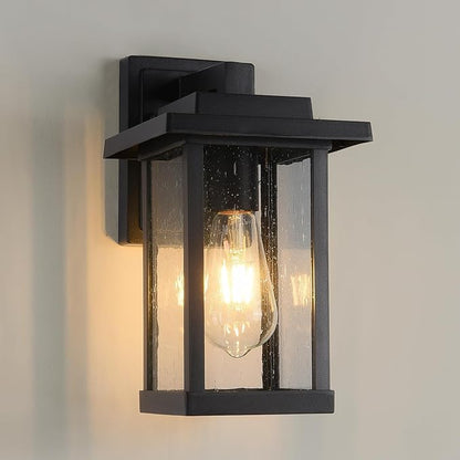 Outdoor Wall Sconce, Outside Porch Light Fixtures, Wall Mount Anti-Rust Exterior Wall Lights in Wood Grain Finish & Black Finish with Seeded Glass for Garage Doorway Entryway