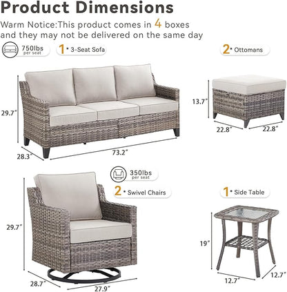 6 Piece Outdoor Patio Wicker Furniture Sets-High Back Outdoor Conversation Set Sectional Sofa with Wicker Swivel Rocker Patio Chairs,Thick Cushions Ottomans for Porch Balcony Patio Deck Grey/Beige
