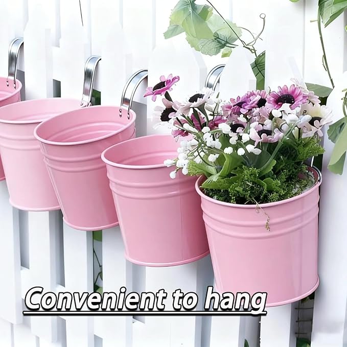 6 Pcs Hanging Flower Pots with Detachable Hooks,Metal Iron Bucket Planter for Railing,Fence,Balcony Garden Decor,4INCH,Pink