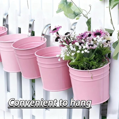 6 Pcs Hanging Flower Pots with Detachable Hooks,Metal Iron Bucket Planter for Railing,Fence,Balcony Garden Decor,4INCH,Pink