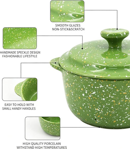 Oven-Safe 4-Pack Mini Ceramic Casserole Dishes (10 Oz Each) - With Lids & Handles - Ideal for Souffle, Soup, Cobbler, Stoneware Baking Ramekins for Individual Servings,Green