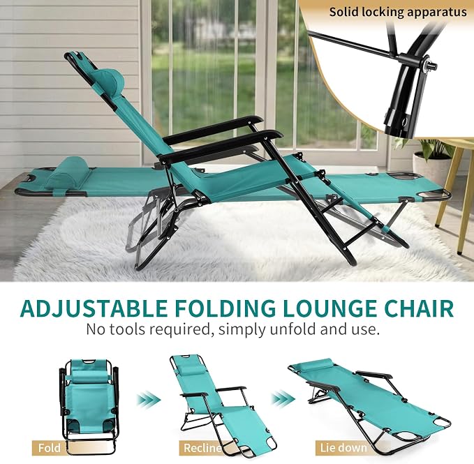 Outvita Folding Chaise Lounge Chair, Outdoor Adjustable Recliner Chair with Pillow for Camping, Beach, Poolside, Garden, Backyard, Lawn