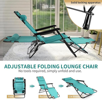 Outvita Folding Chaise Lounge Chair, Outdoor Adjustable Recliner Chair with Pillow for Camping, Beach, Poolside, Garden, Backyard, Lawn