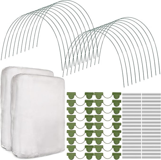 Woanger 2 Set Garden Netting Kit for Raised Beds Ultra Fine Mesh Netting with 100 Hoops 72 Clips 80 Connectors for Garden Row Cover Vegetable Flowers Protection Barrier Plant Covers(10 x 33 ft)