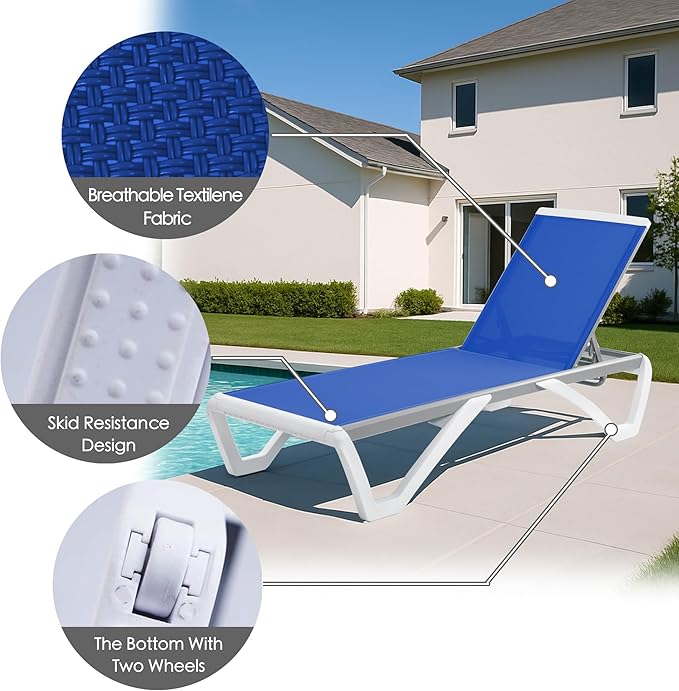 Kozyard Outdoor Chaise Lounge Chair Set, Fully Flat Adjustable Patio Lounger with Aluminum Frame & Resin Legs, Textilene Fabric for Poolside, Backyard & Beach (Blue, Chair + Table)